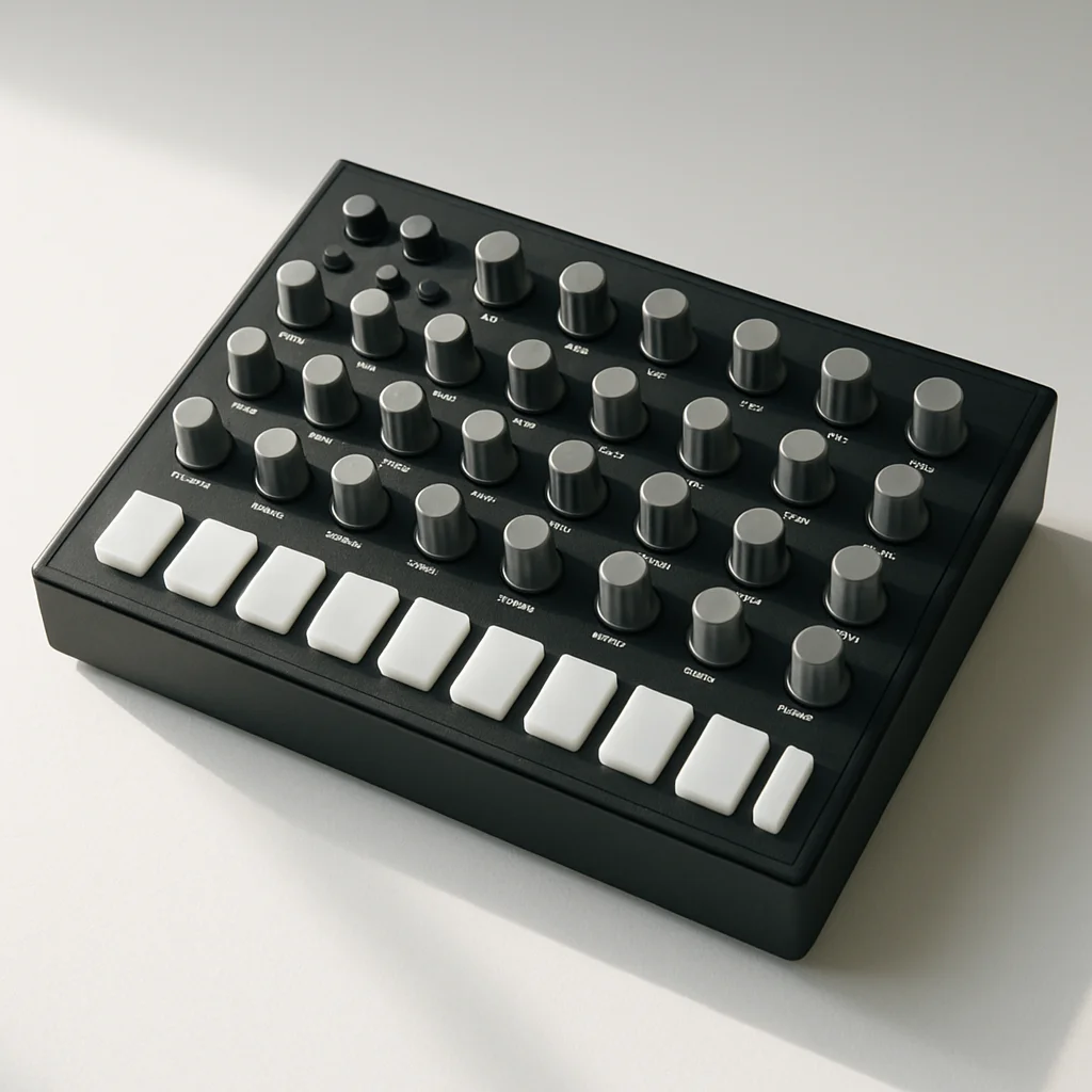 A dimly lit studio desk with an Elektron Analog Rytm MKII center stage, surrounded by Eurorack modules, patch cables, and a glowing sequencer grid reflecting off the surface